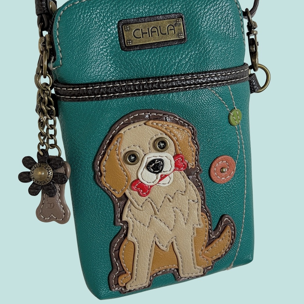 CHALA Crossbody Cell Phone Purse Teal Vegan Pebbled Leather Dog With a Bone - Picture 8 of 14
